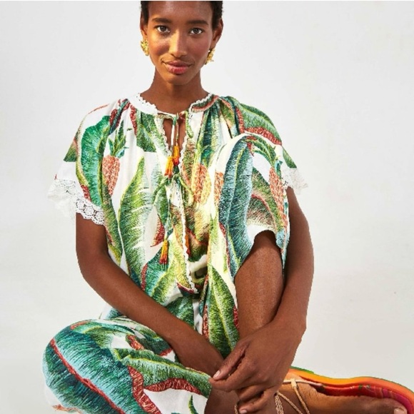 Farm Rio Forest Palm Jumpsuit in White Linen Pineapple Print EUC - Picture 1 of 11